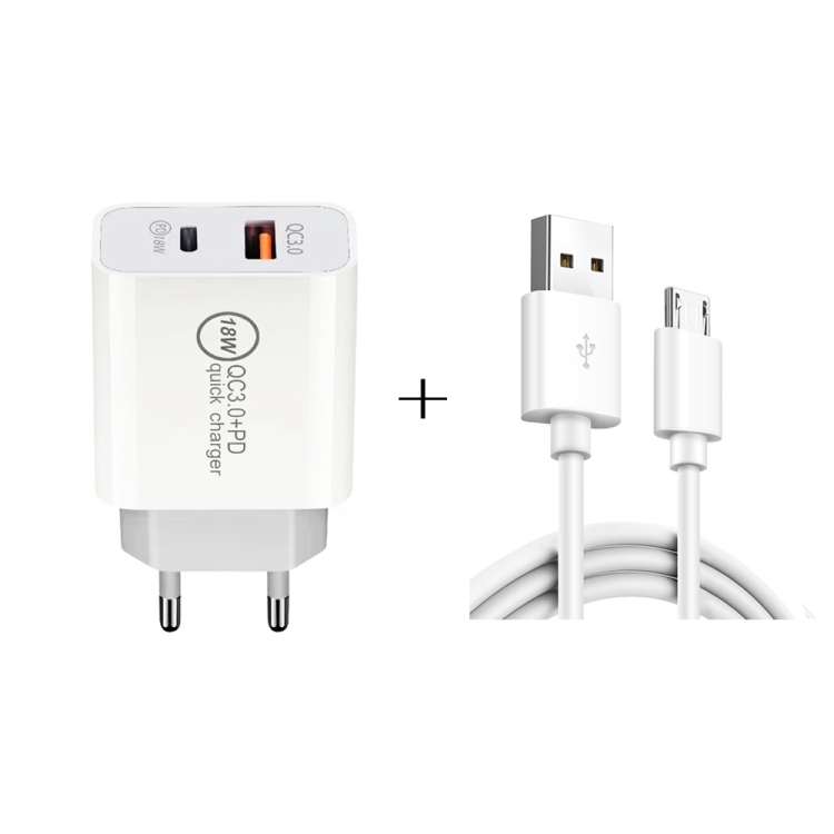 

18W PD + QC 3.0 USB Dual Fast Charging Universal Travel Charger with Micro USB Fast Charging Data Cable, EU Plug