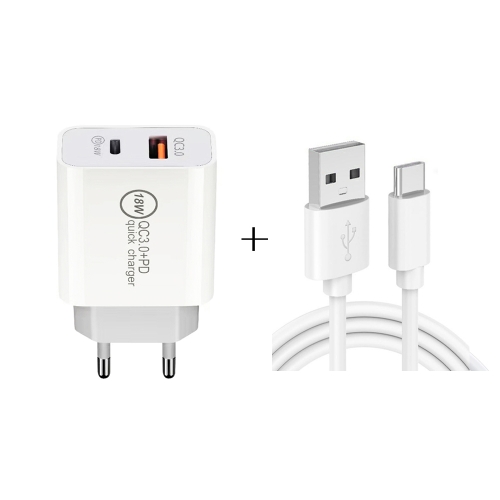 

18W PD 3.0 Type-C / USB-C + QC 3.0 USB Dual Fast Charging Universal Travel Charger with USB to Type-C / USB-C Fast Charging Data Cable, EU Plug