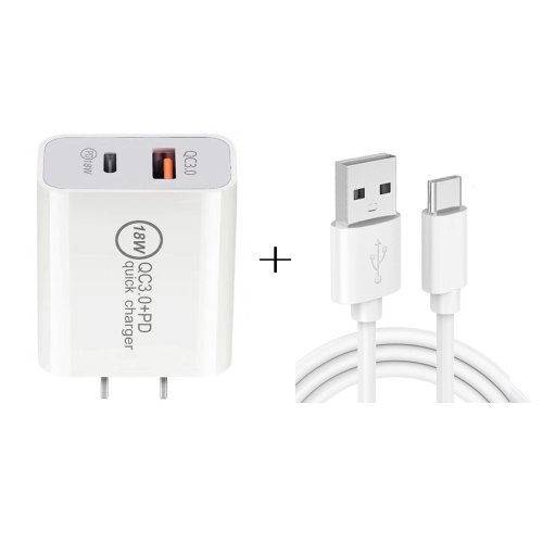 

18W PD 3.0 Type-C / USB-C + QC 3.0 USB Dual Fast Charging Universal Travel Charger with USB to Type-C / USB-C Fast Charging Data Cable, US Plug