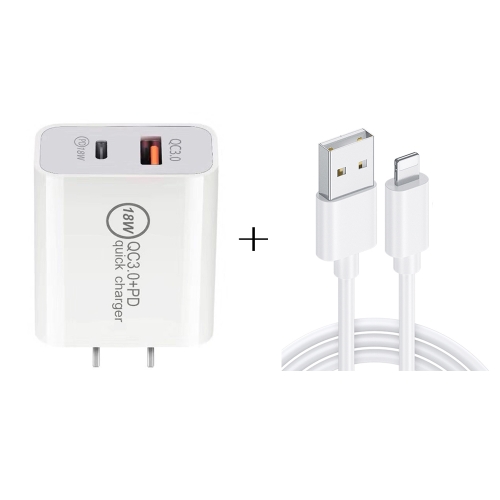 

18W PD 3.0 Type-C / USB-C + QC 3.0 USB Dual Fast Charging Universal Travel Charger with USB to 8 Pin Fast Charging Data Cable, US Plug