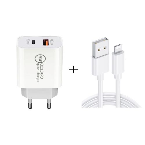 

18W PD 3.0 Type-C / USB-C + QC 3.0 USB Dual Fast Charging Universal Travel Charger with USB to 8 Pin Fast Charging Data Cable, EU Plug