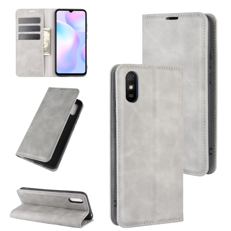 

For Xiaomi Redmi 9A Retro-skin Business Magnetic Suction Leather Case with Holder & Card Slots & Wallet(Grey)