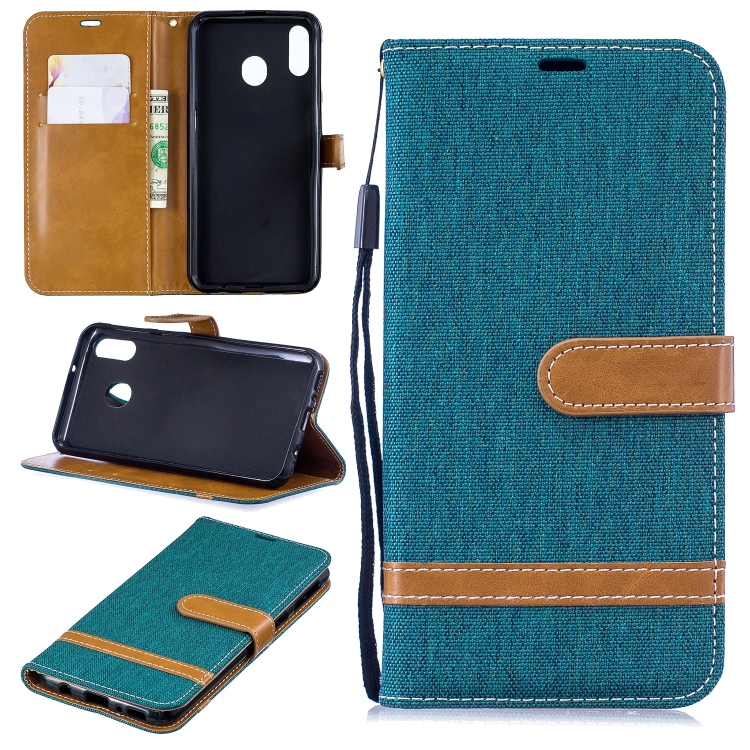 

Color Matching Denim Texture Leather Case for Galaxy M20, with Holder & Card Slots & Wallet & Lanyard(Green)