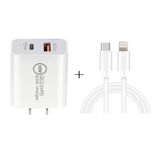 

18W PD 3.0 Type-C / USB-C + QC 3.0 USB Dual Fast Charging Universal Travel Charger with Type-C / USB-C to 8 Pin Fast Charging Data Cable, US Plug