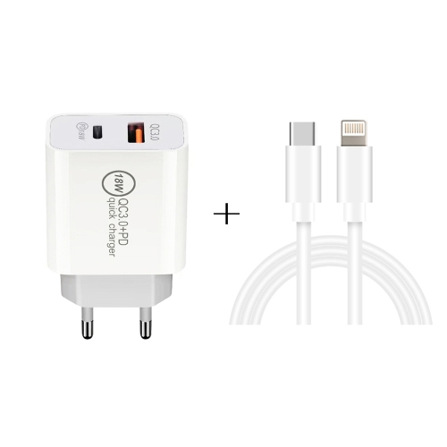 

SDC-18W 18W PD 3.0 Type-C / USB-C + QC 3.0 USB Dual Fast Charging Universal Travel Charger with Type-C / USB-C to 8 Pin Fast Charging Data Cable, EU PLUG