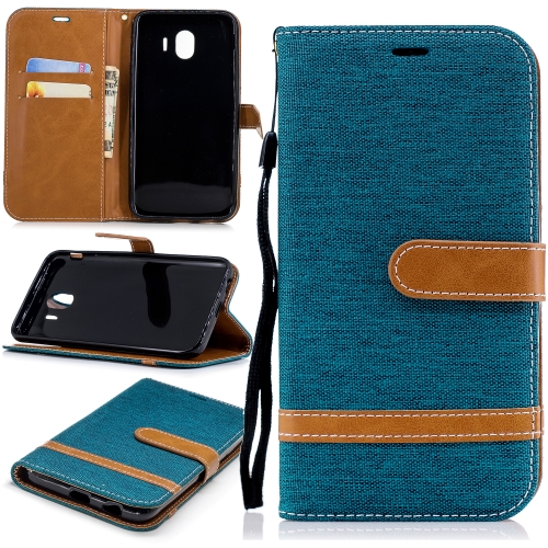 

Color Matching Denim Texture Leather Case for Galaxy J4 (2018), with Holder & Card Slots & Wallet & Lanyard(Green)