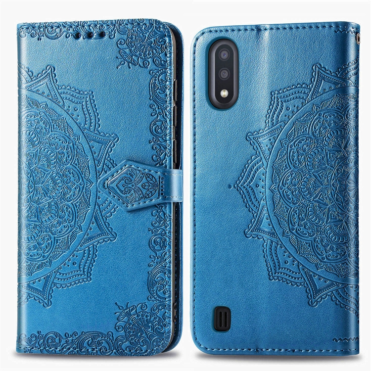 

For Samsung Galaxy M01 Mandala Flower Embossed Horizontal Flip Leather Case with Bracket / Card Slot / Wallet / Lanyard(Blue)