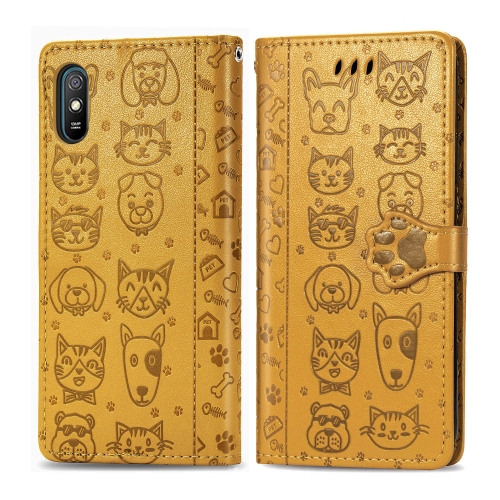 

For Xiaomi Redmi 9A Cute Cat and Dog Embossed Horizontal Flip Leather Case with Holder & Card Slots & Wallet & Lanyard(Yellow)