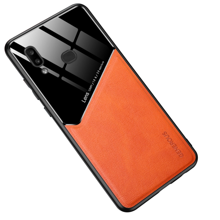 

For Samsung Galaxy A10s All-inclusive Leather + Organic Glass Phone Case with Metal Iron Sheet(Orange)