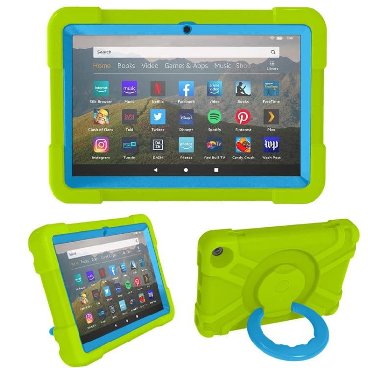 

For Amazon Kindle Fire HD8 (2020) PC + Silicone Shockproof Combination Case with 360 Degree Rotating Holder & Handle(Glass Green + Blue)