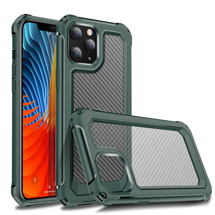 

For iPhone 12 / 12 Pro Transparent Carbon Fiber Texture Rugged Full Body TPU+PC Scratch-Resistant Shockproof Case(Army Green)