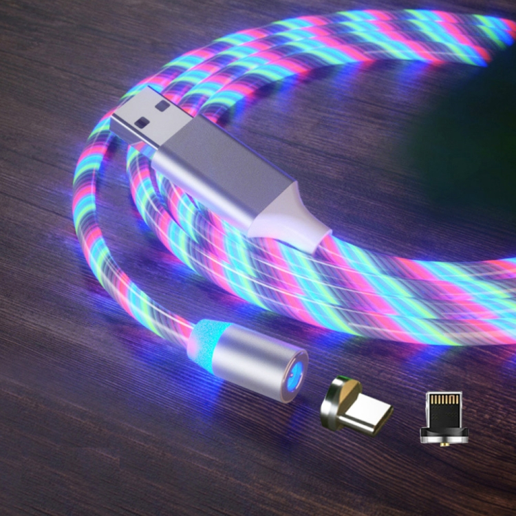 

2 in 1 USB to 8 Pin + Type-c / USB-C Magnetic Absorption Colorful Streamer Mobile Phone Charging Cable, Length: 2m(Color Light)