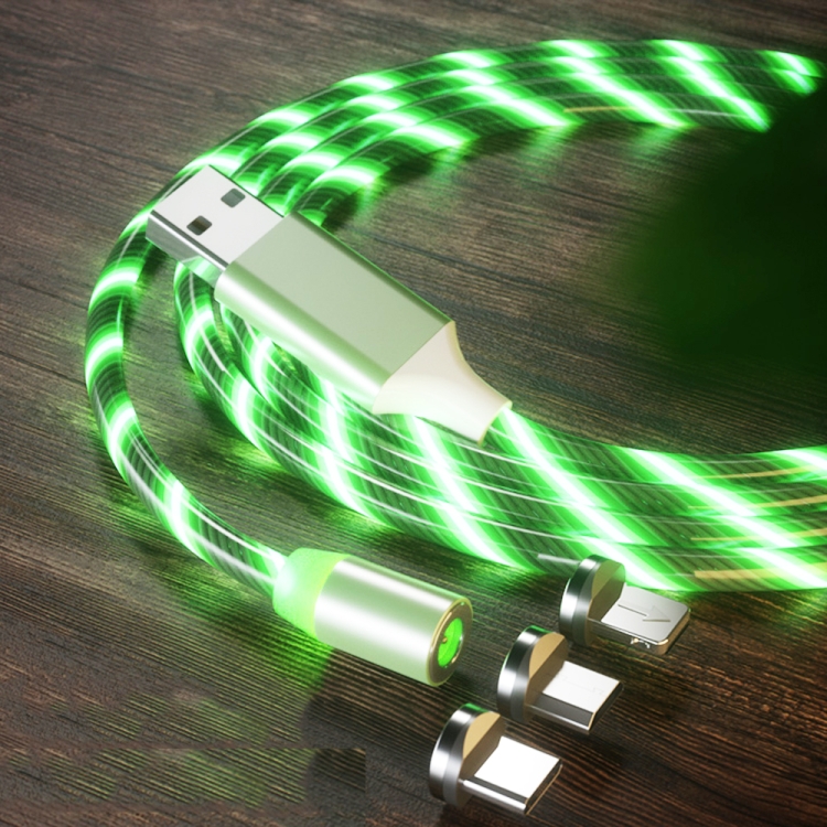 

3 in 1 USB to 8 Pin + Type-C / USB-C + Micro USB Magnetic Absorption Colorful Streamer Charging Cable, Length: 1 m(Green Light)
