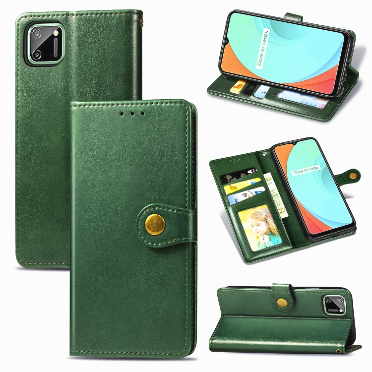 

For OPPO Realme C11 Retro Solid Color Leather Buckle Phone Case with Lanyard & Photo Frame & Card Slot & Wallet & Stand Function(Green)