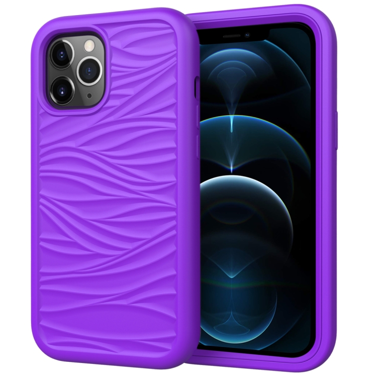 

For iPhone 12 Pro Max Wave Pattern 3 in 1 Silicone+PC Shockproof Protective Case(Purple)