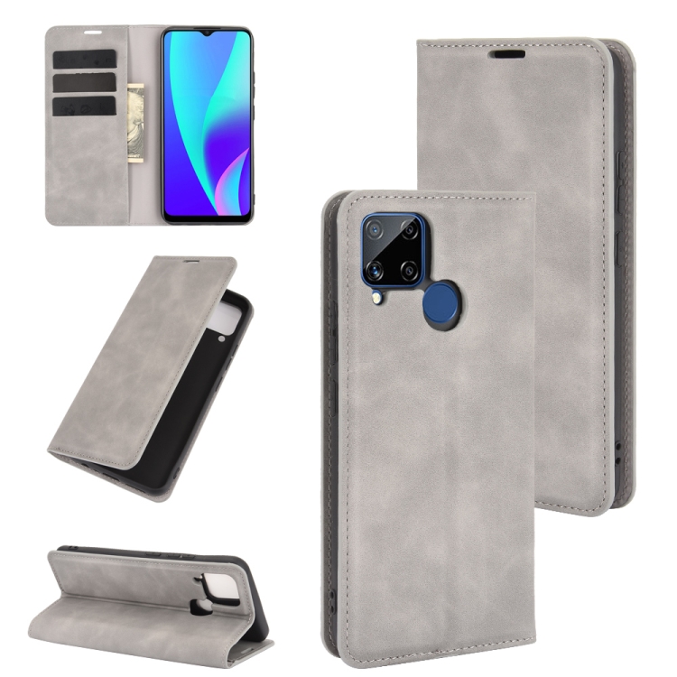 

For Realme C15 Retro-skin Business Magnetic Suction Leather Case with Holder & Card Slots & Wallet(Grey)