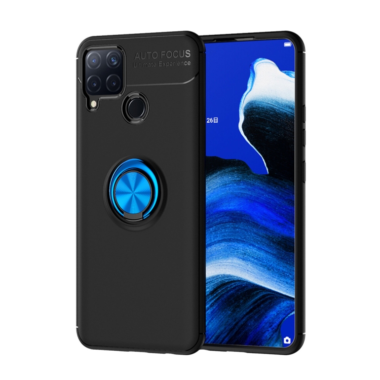 

For OPPO Realme C15 Metal Ring Holder 360 Degree Rotating TPU Case(Black+Blue)