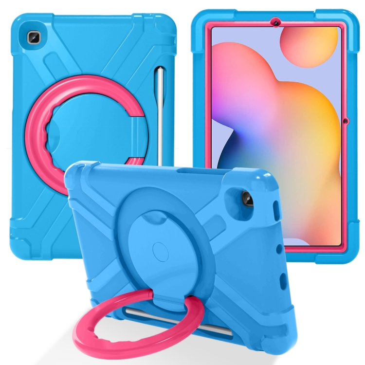 

For Samsung Galaxy Tab S6 Lite P610 PC + Silicone Shockproof Combination Case with 360 Degree Rotating Holder & Handle & Pen Slot(Blue + Rose Red)