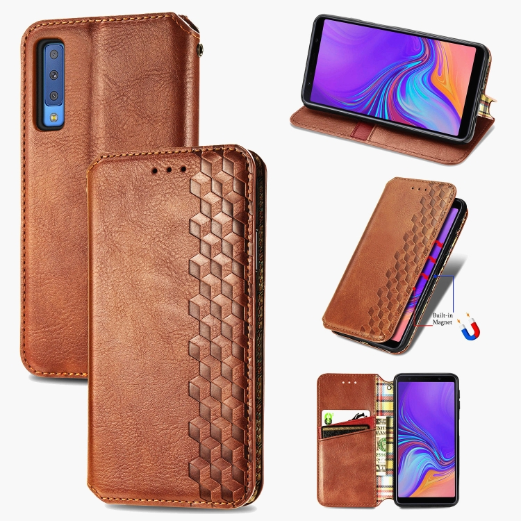 

For Samsung Galaxy A7 (2018) Cubic Grid Pressed Horizontal Flip Magnetic Leather Case with Holder & Card Slots & Wallet(Brown)