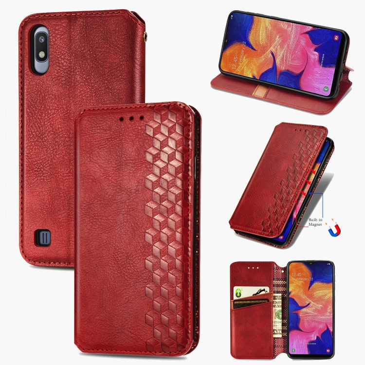 

For Samsung Galaxy A10 Cubic Grid Pressed Horizontal Flip Magnetic Leather Case with Holder & Card Slots & Wallet(Red)
