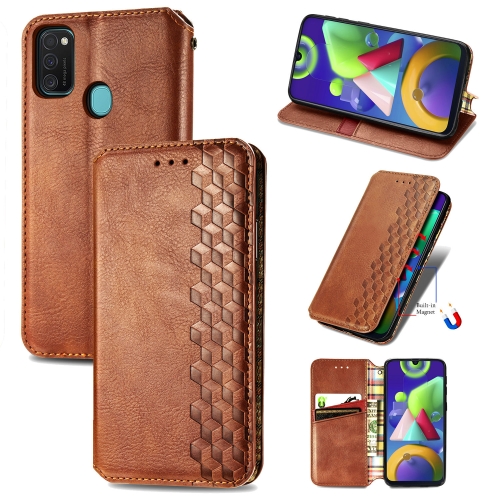 

For Samsung Galaxy M21/M30s Cubic Grid Pressed Horizontal Flip Magnetic Leather Case with Holder & Card Slots & Wallet(Brown)