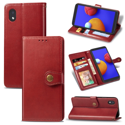 

For Samsung Galaxy A01 Core Retro Solid Color Leather Buckle Phone Case with Lanyard & Photo Frame & Card Slot & Wallet & Stand Function(Red)