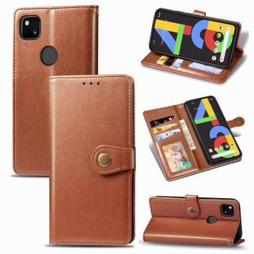 

For Google Pixel 4A Retro Solid Color Leather Buckle Phone Case with Lanyard & Photo Frame & Card Slot & Wallet & Stand Function(Brown)