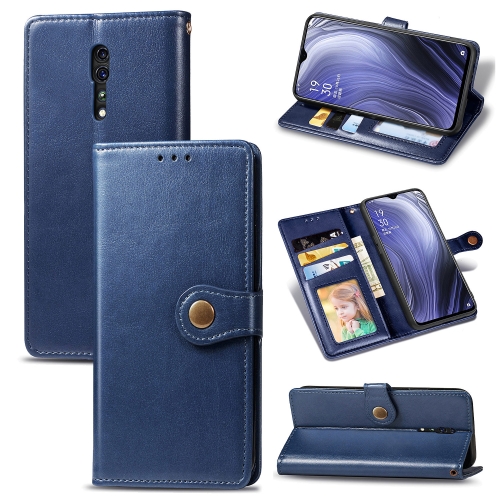 

For OPPO Reno Z Retro Solid Color Leather Buckle Phone Case with Lanyard & Photo Frame & Card Slot & Wallet & Stand Function(Blue)