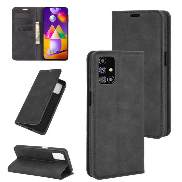 

For Samsung Galaxy M31s Retro-skin Business Magnetic Suction Leather Case with Holder & Card Slots & Wallet(Black)