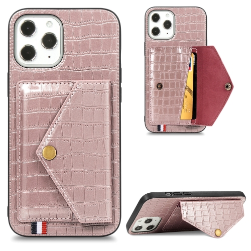 

For iPhone 12 Pro / 12 Max Crocodile Pattern PU+TPU+PVC Shatter-resistant Mobile Phone Case with Magnetic Invisible Holder & Holder & Card Slots(Rose Gold)
