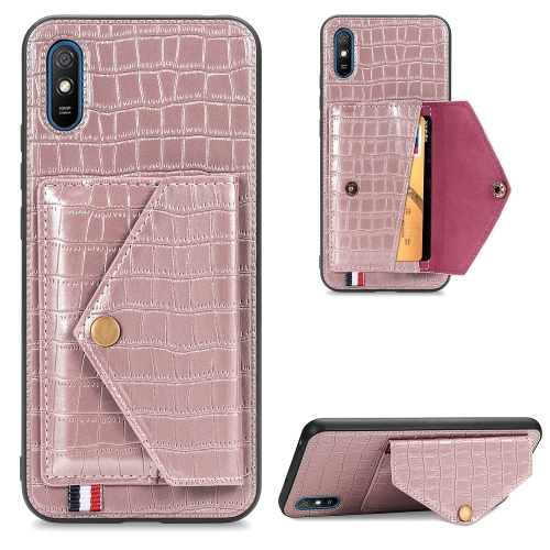 

For Xiaomi Redmi 9A Crocodile Pattern PU+TPU+PVC Shatter-resistant Mobile Phone Case with Magnetic Invisible Holder & Card Slots(Rose Gold)