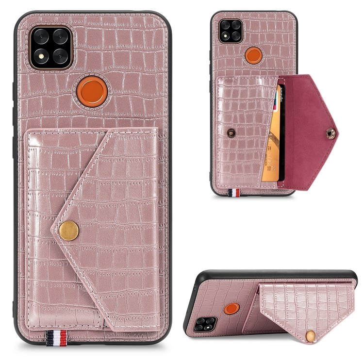 

For Xiaomi Redmi 9C Crocodile Pattern PU+TPU+PVC Shatter-resistant Mobile Phone Case with Magnetic Invisible Holder & Card Slots(Rose Gold)