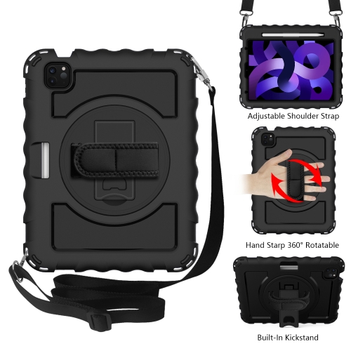 

For iPad Air 2020 10.9 360 Degree Rotation PC + Silicone Shockproof Combination Case with Holder & Hand Grip Strap & Neck Strap & Pen Slot Holder(Black)