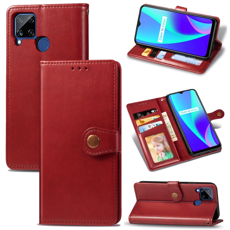 

For OPPO Realme C15 Retro Solid Color Leather Buckle Phone Case with Lanyard & Photo Frame & Card Slot & Wallet & Stand Function(Red)