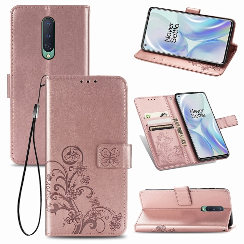

For OnePlus 8 Four-leaf Clasp Embossed Buckle PU Leather Case with Holder & Card Slots & Wallet & Hand Strap(Rose Gold)