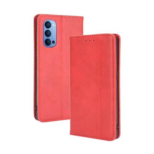 

For OPPO Reno4 4G Magnetic Buckle Retro Crazy Horse Texture Horizontal Flip Leather Case , with Holder & Card Slots & Photo Frame(Red)