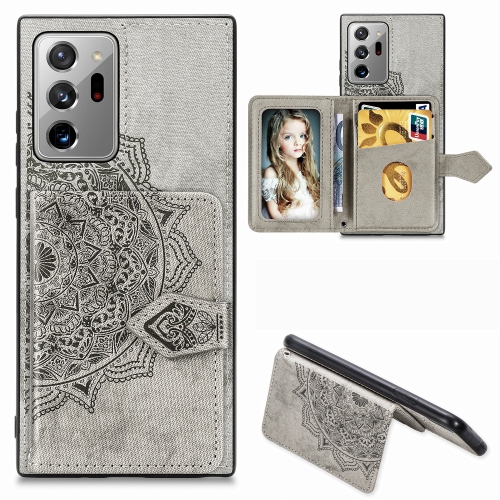 

For Galaxy M60S/A81/Note 10 Lite Mandala Embossed Magnetic Cloth PU + TPU + PC Case with Holder & Card Slots & Wallet & Photo Frame & Strap(Gray)