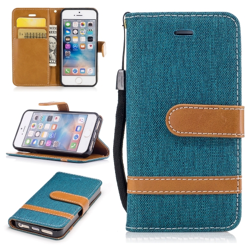 

Color Matching Denim Texture Leather Case for iPhone 5 & Se , with Holder & Card Slots & Wallet & Lanyard(Green)