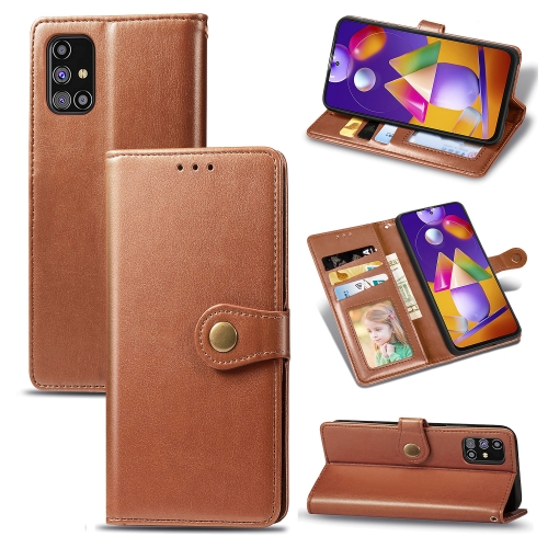 

For Samsung Galaxy M31s Solid Color Leather Buckle Phone Case with Lanyard & Photo Frame & Card Slot & Wallet & Stand Function(Brown)