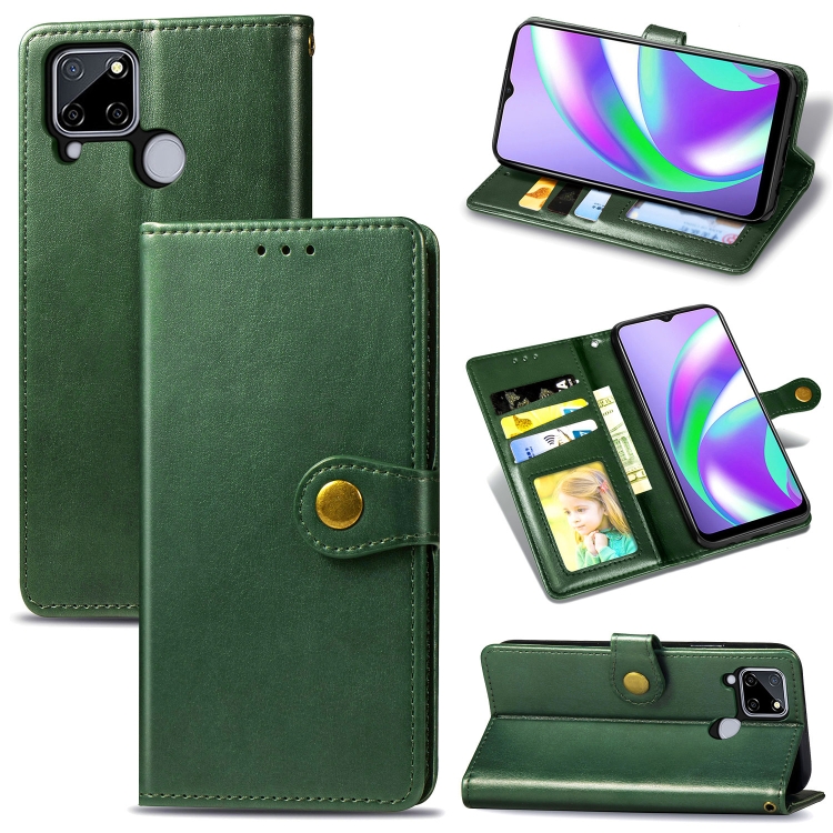 

For OPPO Realme C12 Solid Color Leather Buckle Phone Case with Lanyard & Photo Frame & Card Slot & Wallet & Stand Function(Green)