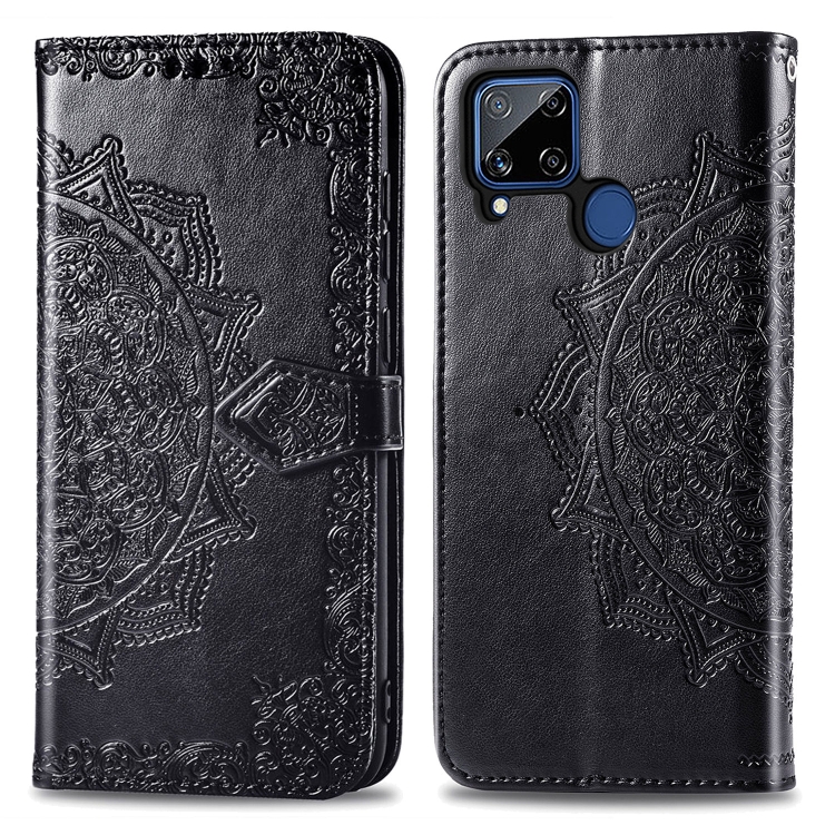 

For OPPO Realme C15 Mandala Flower Embossed Horizontal Flip Leather Case with Bracket / Card Slot / Wallet / Lanyard(Black)
