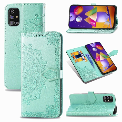 

For Samsung Galaxy M31s Mandala Flower Embossed Horizontal Flip Leather Case with Bracket / Card Slot / Wallet / Lanyard(Green)