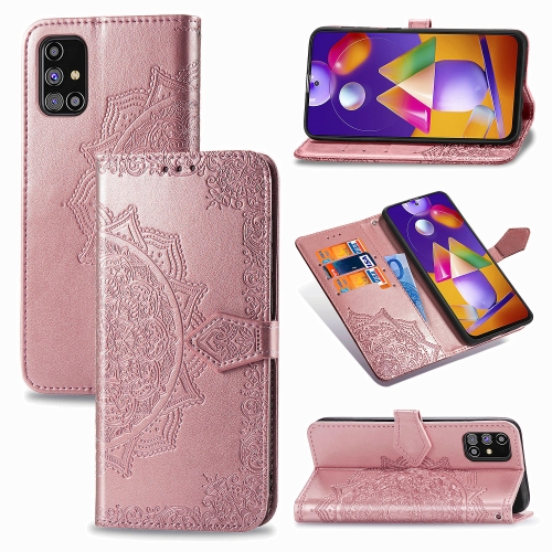 

For Samsung Galaxy M31s Mandala Flower Embossed Horizontal Flip Leather Case with Bracket / Card Slot / Wallet / Lanyard(Rose Gold)