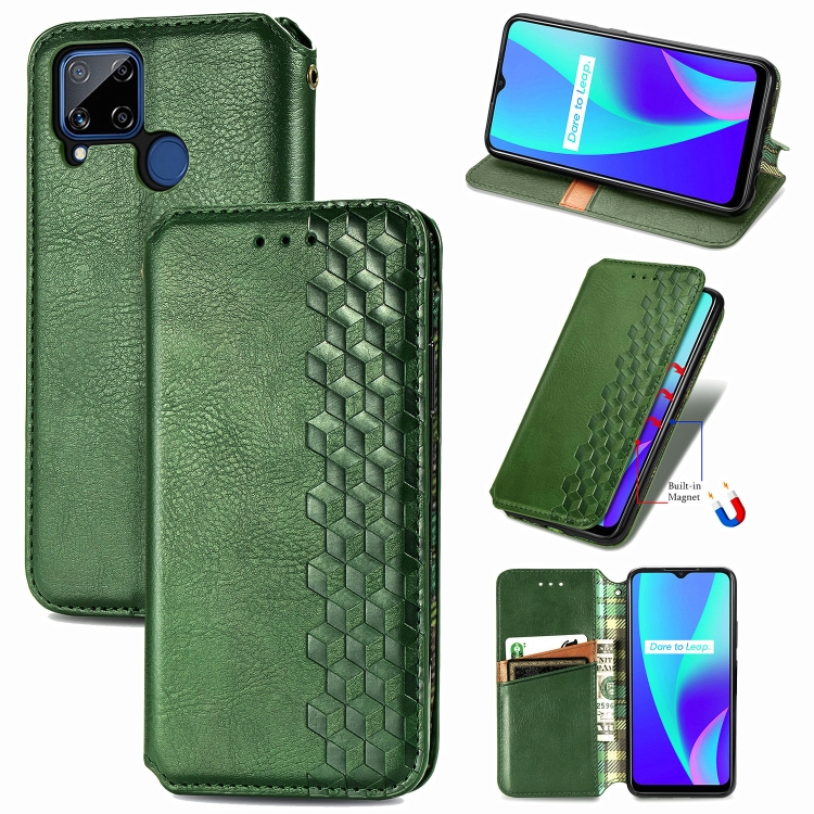 

For OPPO Realme C15 Cubic Grid Pressed Horizontal Flip Magnetic PU Leather Case with Holder & Card Slots & Wallet(Green)