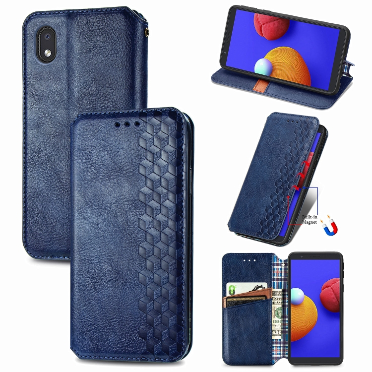 

For Samsung Galaxy A01 Core Cubic Grid Pressed Horizontal Flip Magnetic PU Leather Case with Holder & Card Slots & Wallet(Blue)
