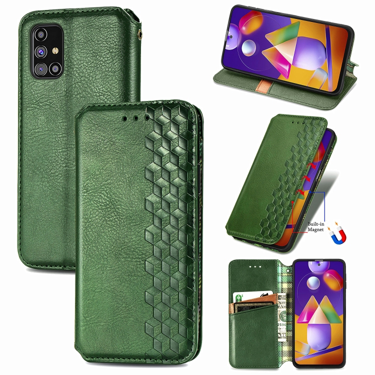 

For Samsung Galaxy M31S Cubic Grid Pressed Horizontal Flip Magnetic PU Leather Case with Holder & Card Slots & Wallet(Green)