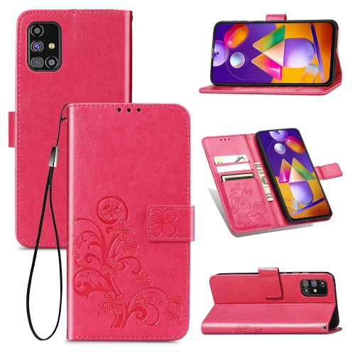 

For Samsung Galaxy M31s Four-leaf Clasp Embossed Buckle Mobile Phone Protection Leather Case with Lanyard & Card Slot & Wallet & Holder(Magenta)