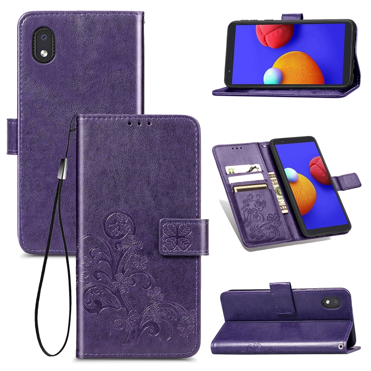 

For Samsung Galaxy A01 Core Four-leaf Clasp Embossed Buckle Mobile Phone Protection Leather Case with Lanyard & Card Slot & Wallet & Holder(Purple)