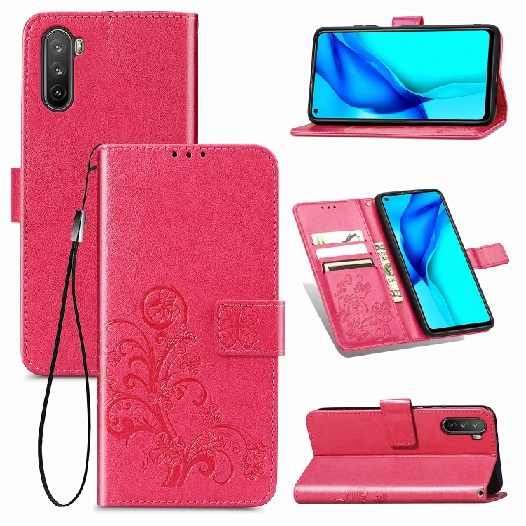 

For Huawei Mate 40 Lite /Maimang 9 Four-leaf Clasp Embossed Buckle Mobile Phone Protection Leather Case with Lanyard & Card Slot & Wallet & Bracket Function(Magenta)