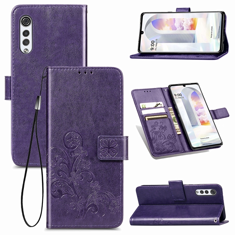 

For LG Velvet 5G Four-leaf Clasp Embossed Buckle Mobile Phone Protection Leather Case with Lanyard & Card Slot & Wallet & Bracket Function(Purple)